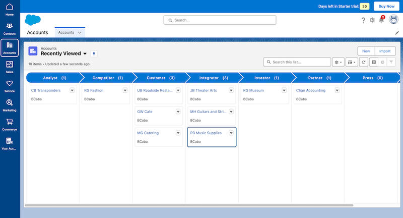 A screenshot of Salesforce's account management system from a free trial account.
