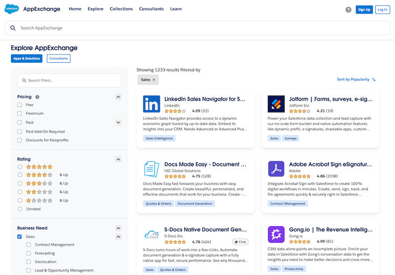 Several examples of Salesforce's popular sales app integrations on the AppExchange marketplace. Show less