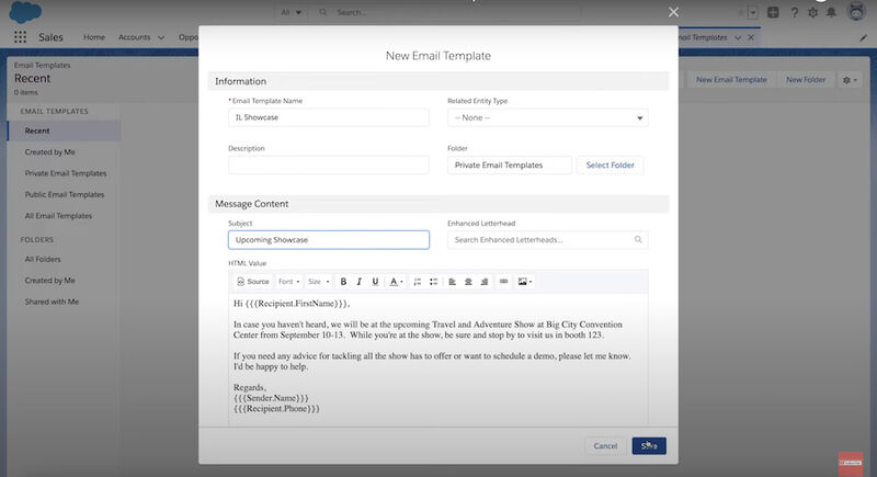 An example of how to create an email template in Salesforce.