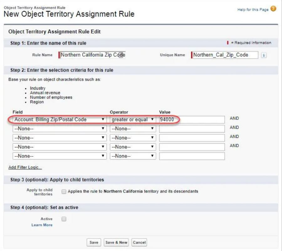 Screenshot of Salesforce's object territory assignment rule.