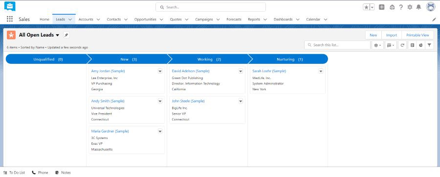 Screenshot of Salesforce's Kanban board of open leads.