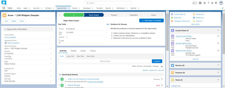 An example of a sales opportunity pipeline seen in a Salesforce free trial account.