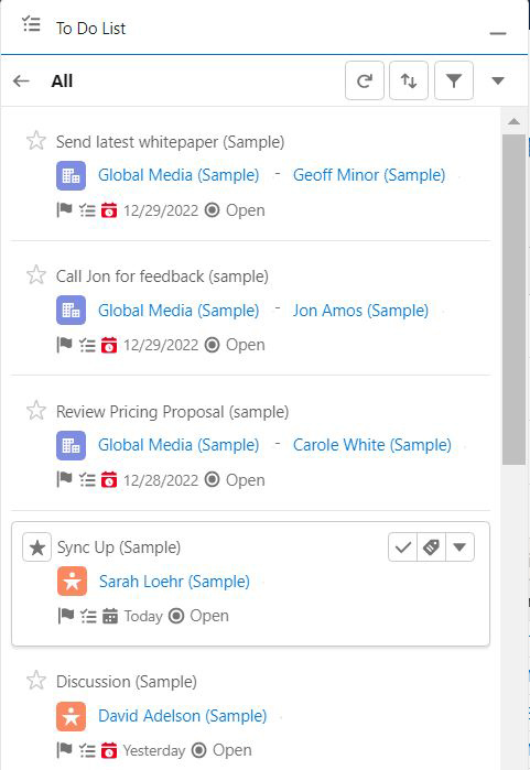 Screenshot of Salesforce's To Do List widget.