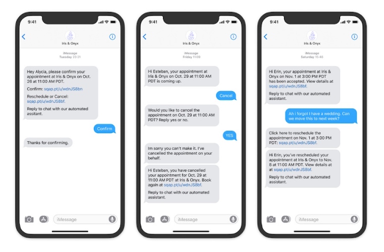 Client text message conversation with Square Assistant tool.
