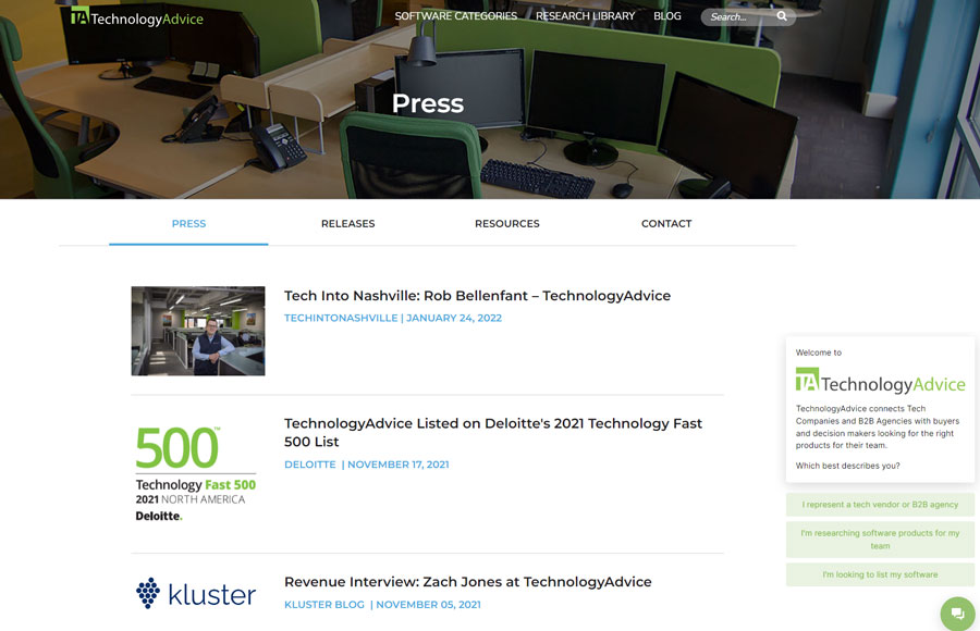 Press page of TechnologyAdvice's website with online press releases.