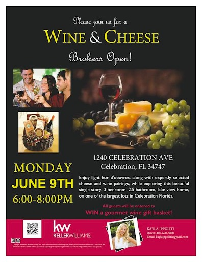 Brokers open invitation with wine and cheese imagery and event details