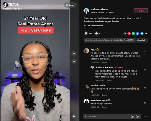 TikTok video screenshot of an agent's YouTube video titled "21 year old real estate agent: How I get clients"