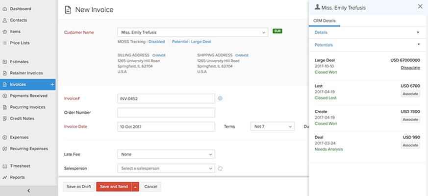 Creating an invoice in Zoho CRM