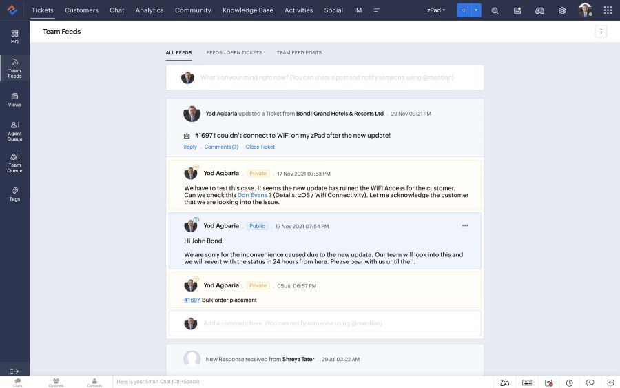Screenshot of Zoho Desk's team feed.