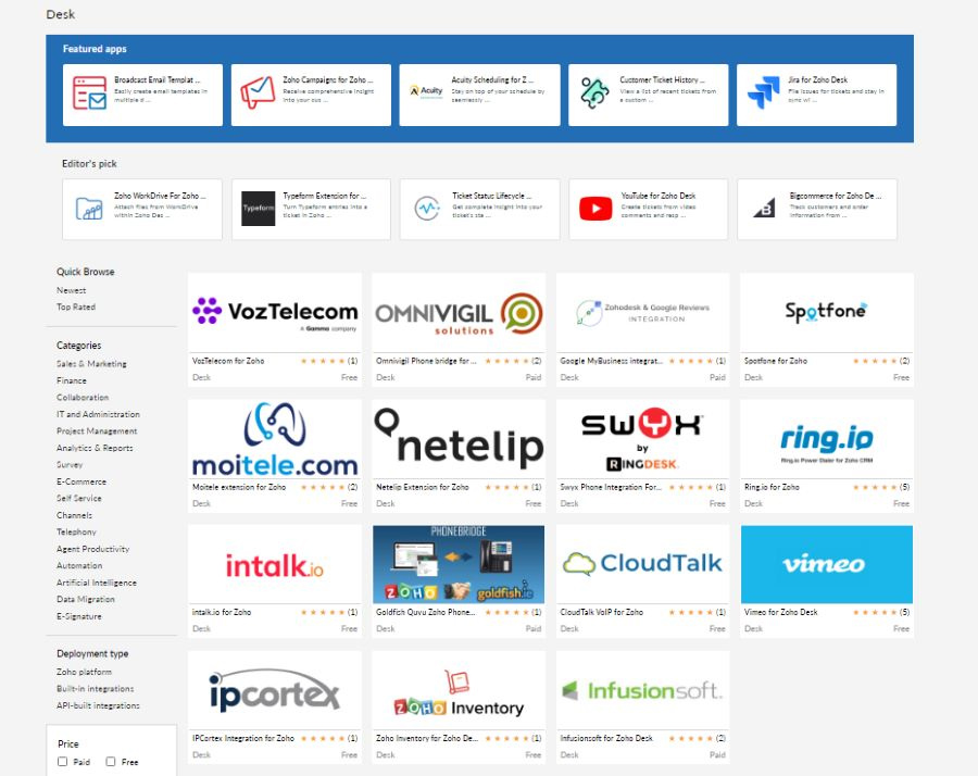 Screenshot of Zoho Desk's third-party integrations on the Zoho Marketplace.