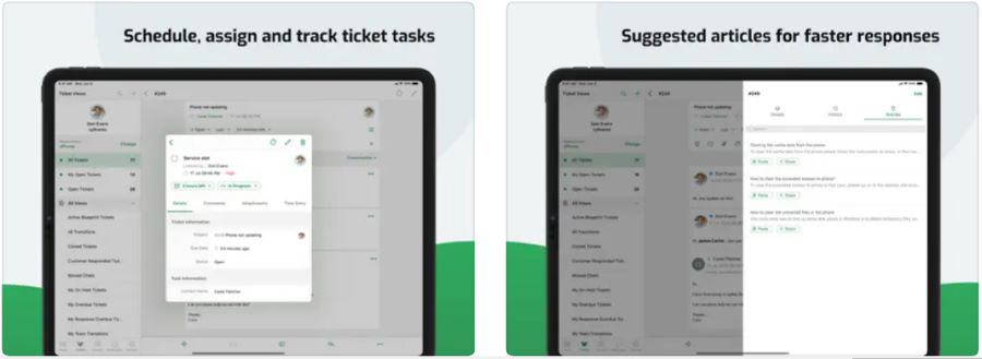 Two images of iPads showing Zoho Desk mobile app on their screens.