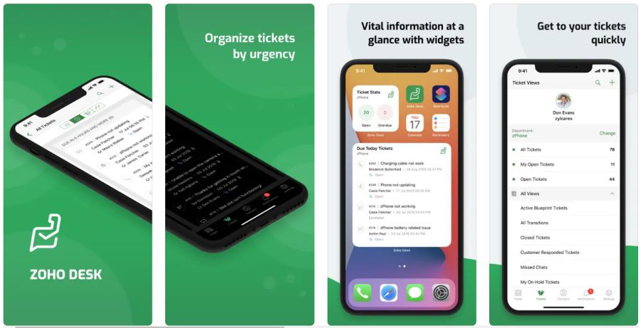 Several images of iPhones showing Zoho Desk mobile app on their screens.