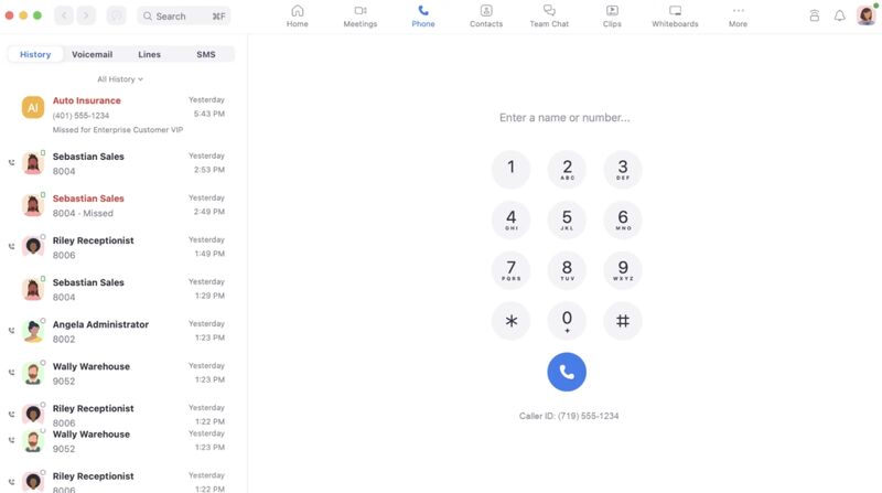 "Zoom Phone desktop app with subsections for call history, voicemail lines, and SMS"