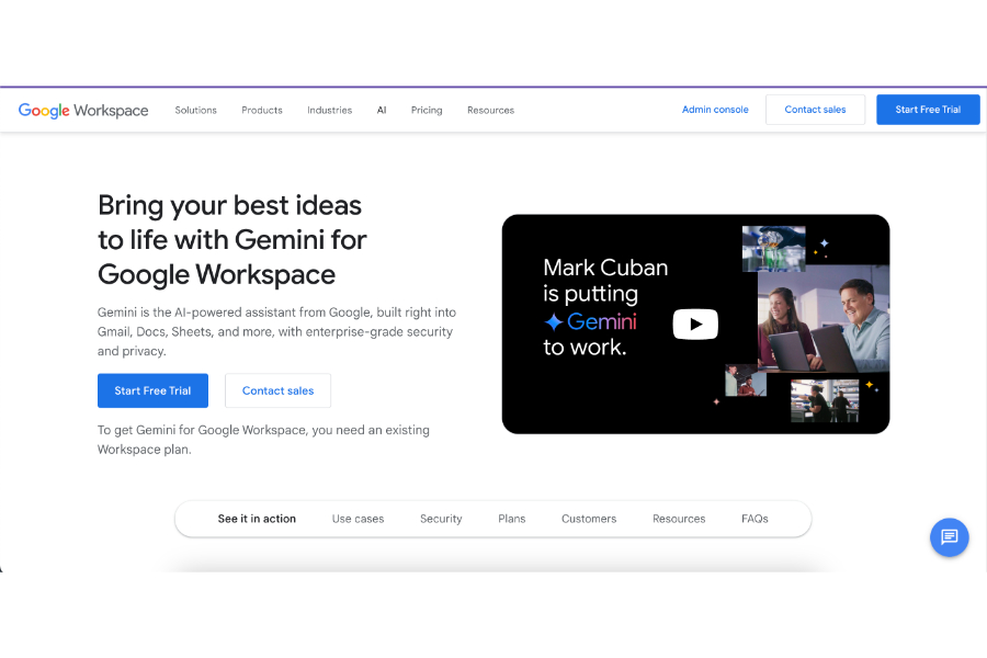 Google's new AI assistant, Gemini, in the Google Workspace website.