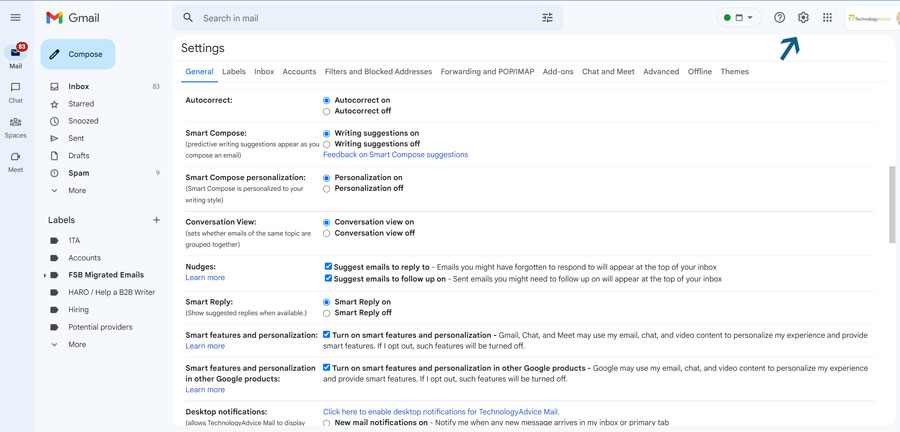 Screenshot of turning on Smart Compose Gmail features