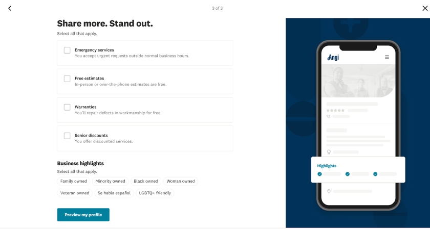 Angi Pro's prompt to add any other specific details about your business.
