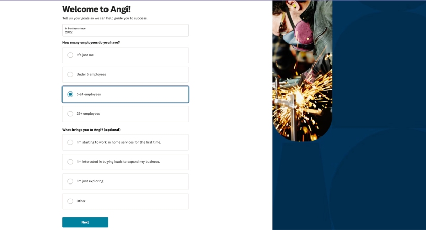Angi Pro's prompt to add your basic business details like the year it started and how many employees it has.