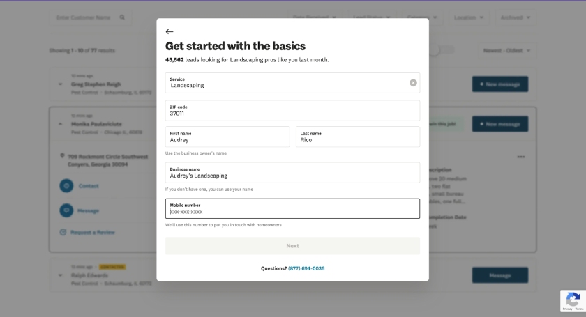 Angi Pro's prompt to enter your business's basic details.