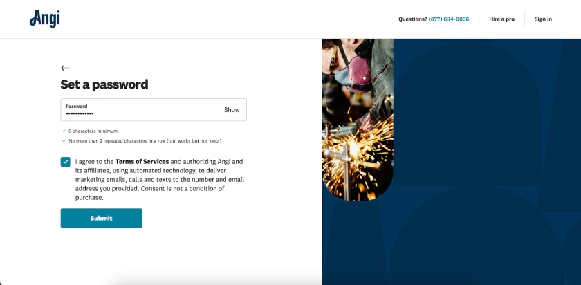 Angi Pro's prompt to set up a password for your account.