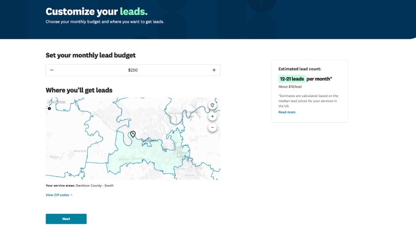 Angi Pro's prompt to set your monthly budget and target location for your leads on Angi Premium.