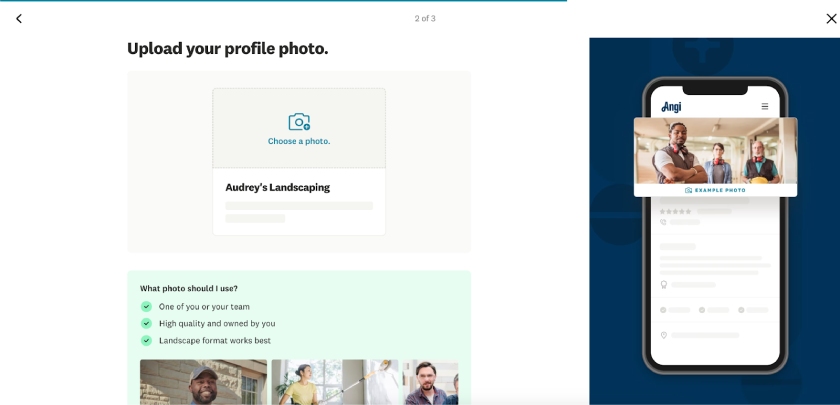 Angi Pro's prompt to upload a profile photo for your business listing.