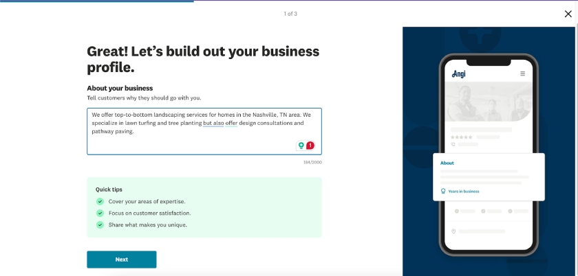 Angi Pro's prompt to write a short description of your business.
