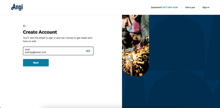 Angi Pro's prompt to create an account using your email address.