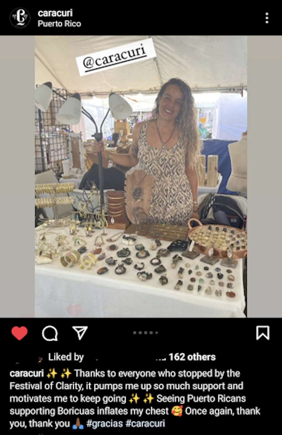 Instagram post featuring Caracuri jewelers at a local festival.