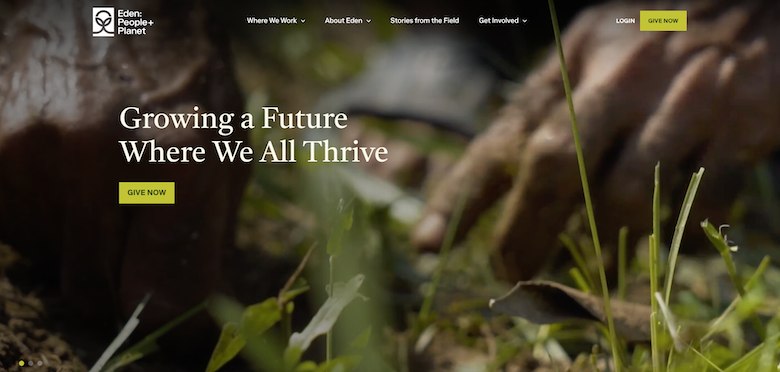 Eden People + Planet homepage with headline "Growing a Future Where We All Thrive" and closeup of man's hands covered in dirt, planting a seedling.