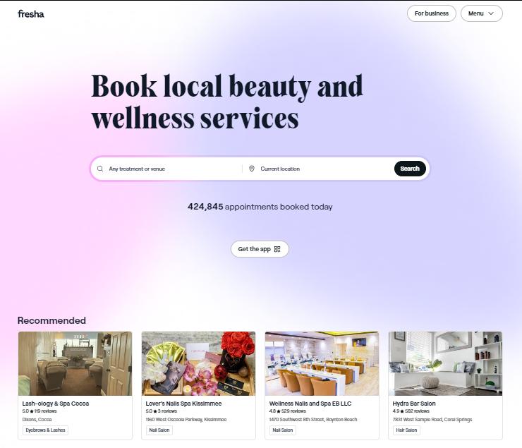 Fresha's customer website showing salon listings.