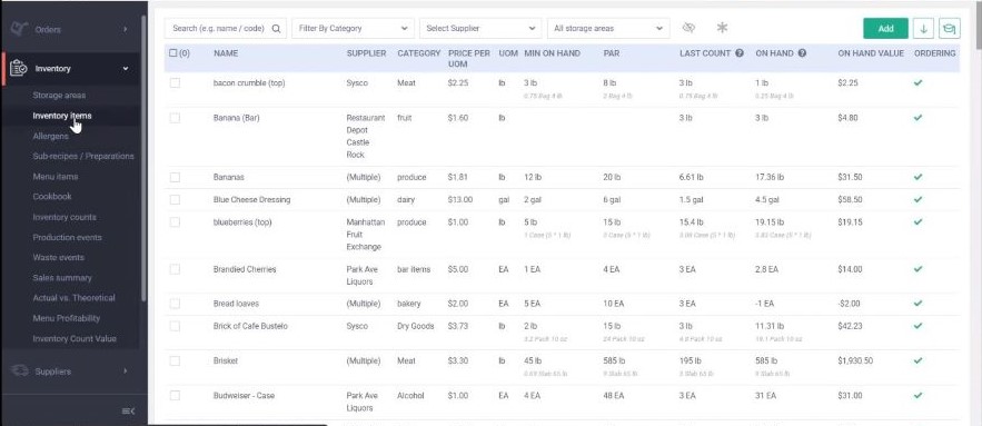 MarketMan screenshot showing inventory lists with product information.