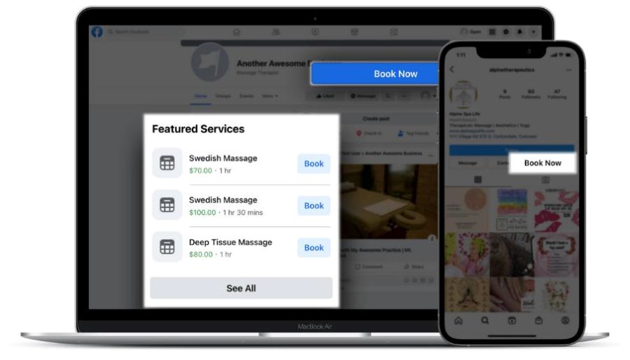 Image showing MassageBook's Book Now buttons on social media.