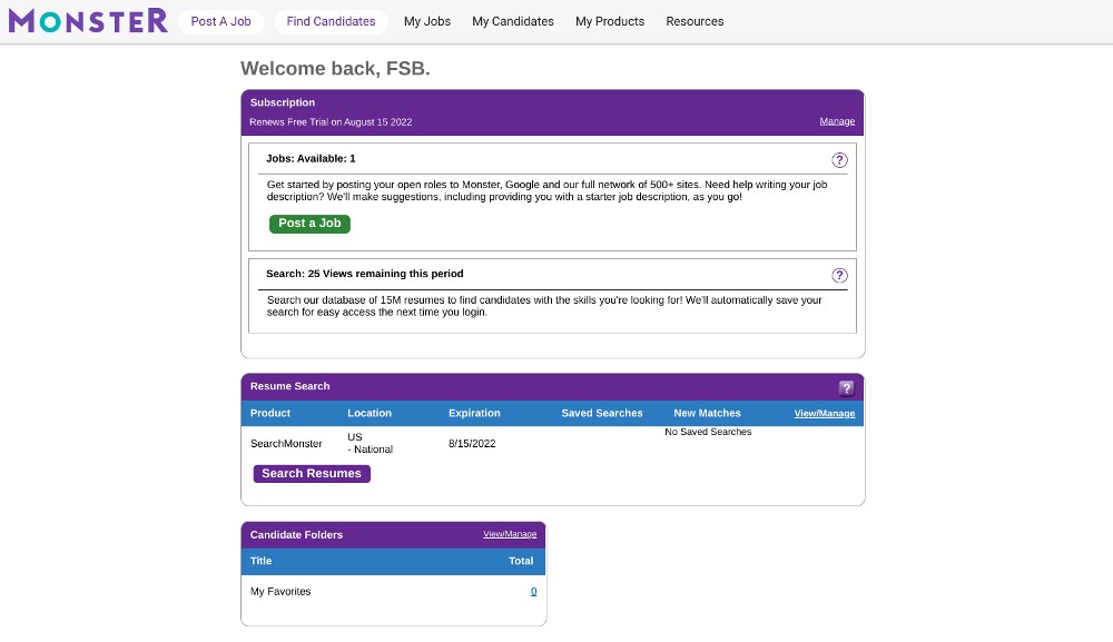 Screenshot of Monster dashboard after payment for chosen plan, with available number of jobs and resume search.