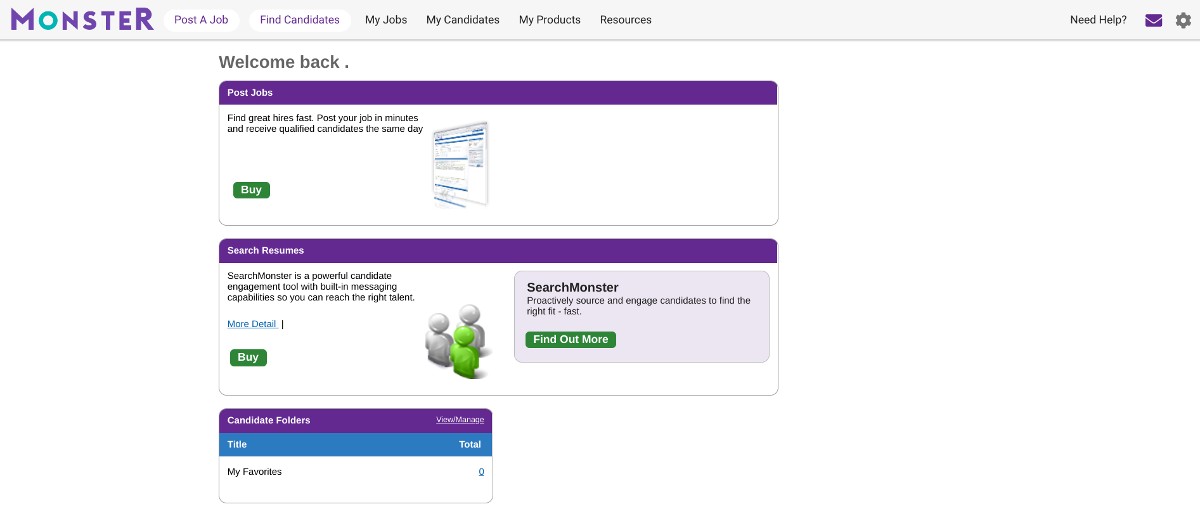 Screenshot of Monster dashboard where recruiters can manage applicants.
