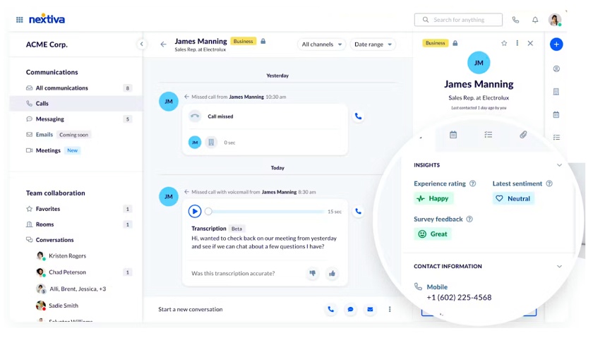 Nextiva's dashboard showing customer data.