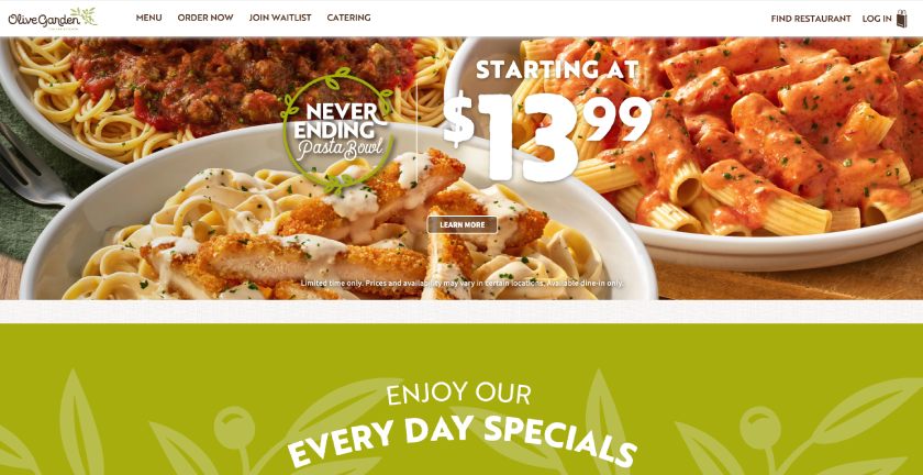 Olive Garden website with pasta plate photo and headline, "Never-ending pasta bowl - starting at $13.99" and the subheader "Enjoy our every day specials."