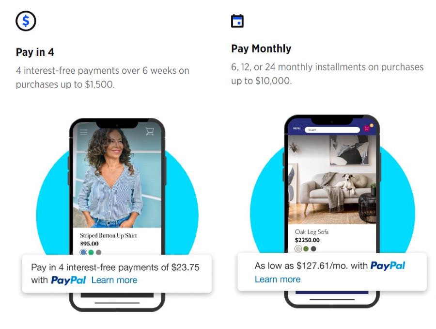Image showing PayPal's buy-now-pay-later and credit options.