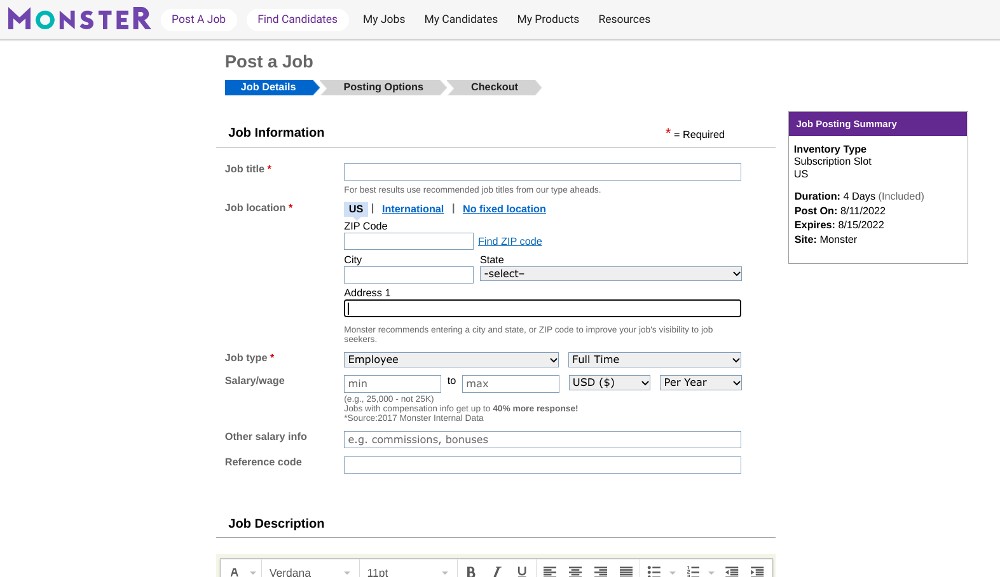 Posting a job on Monster by filling out job information fields.