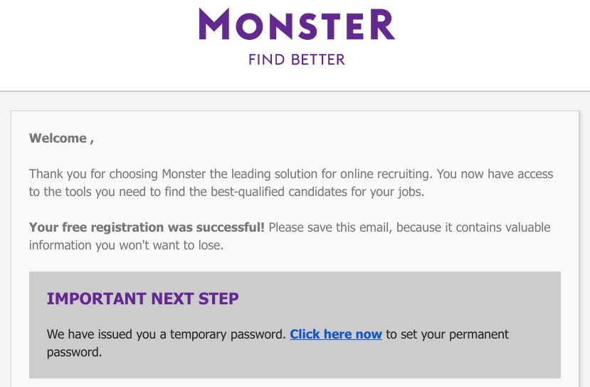 Registration confirmation message from Monster with password change prompt.