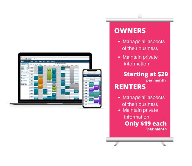 Image showing Rosy Salon schedule on PC and smartphone, plus a banner with the booth renter plan pricing.