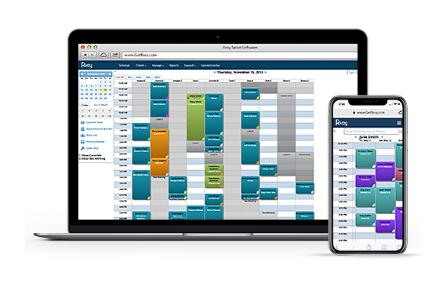 Rosy Salon software image showing scheduling on PC and smartphone.