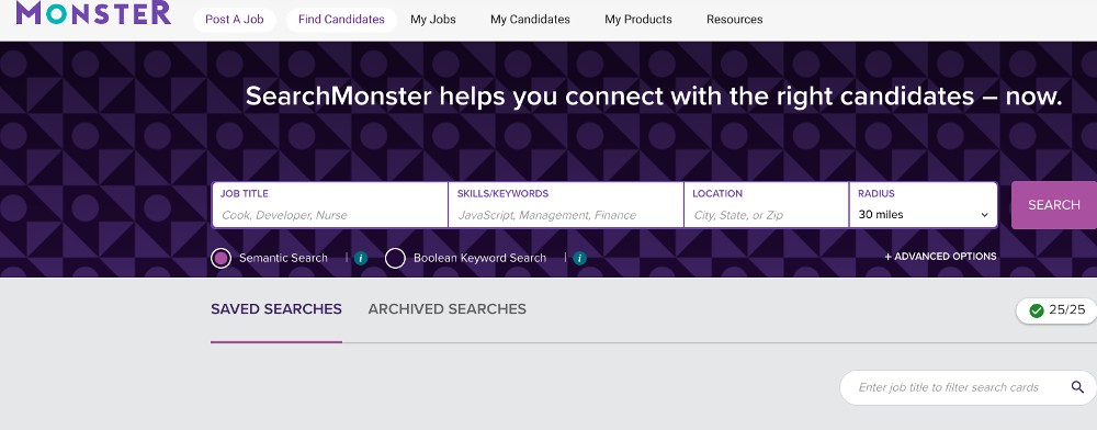 Searching for candidates on Monster, including feature that lets you save and archive searches.