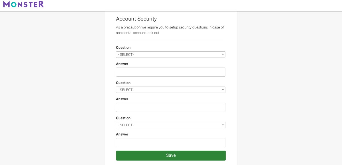 Setting up your password with security questions on Monster.