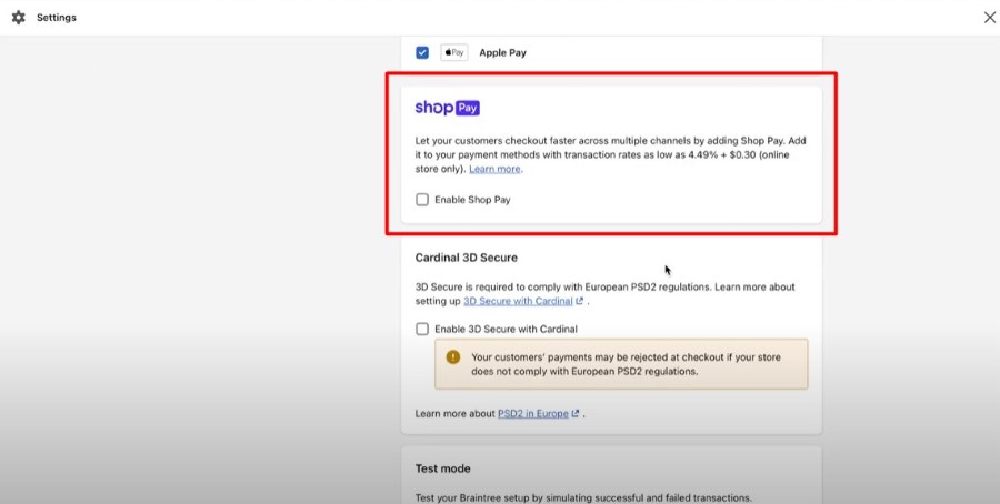Showing Shopify's third-party payment with shop pay.