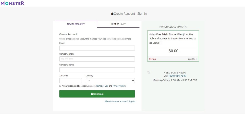 Screenshot of sign-up page on Monster.