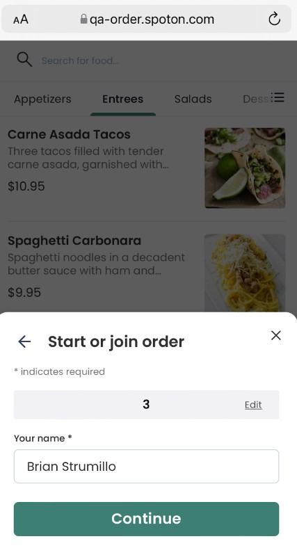 Screenshot of of a smartphone screen displaying an invitation to join a group order via the SpotOn POS.