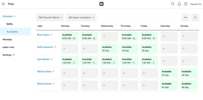 Square schedule showing shift availability.