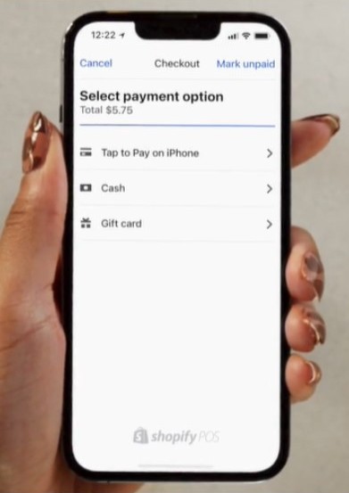 Screenshot of Tap to Pay feature on iPhone using the Shopify app.