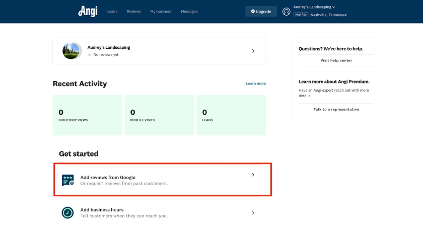 The "Add reviews from Google" option in your Angi Pro dashboard.