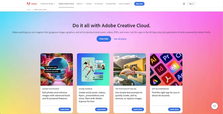 The Adobe Creative Cloud homepage with a full spectrum gradient background and four tiles showing Adobe Photoshop, Adobe Express, Try Photoshop Online, and App Recommendations. The headline reads "Do it all with Adobe Creative Cloud."